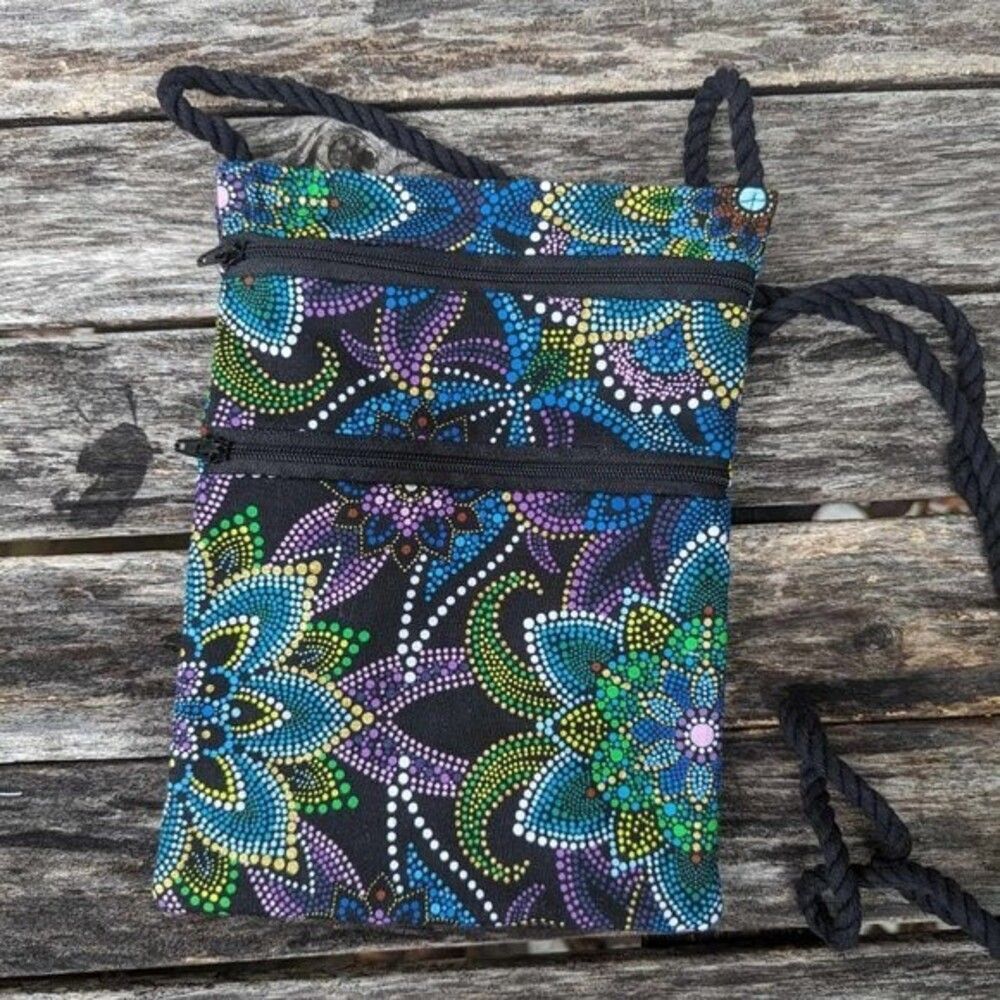 Mandala crossbody fabric bag pouch 2 outer zippers Size 8"x6" Brand new